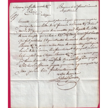 MARQUE P64P BAYONNE BASSES PYRENEES + PP BONNET PHRYGHIENS 1794 POUR PARIS LETTRE COVER