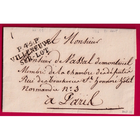 MARQUE P45P VILLENEUVE SUR LOT 1826 POUR PARIS INDICE 11 LETTRE COVER