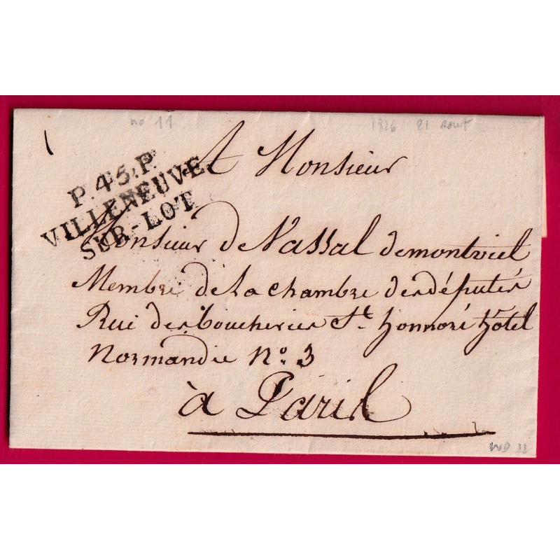 MARQUE P45P VILLENEUVE SUR LOT 1826 POUR PARIS INDICE 11 LETTRE COVER