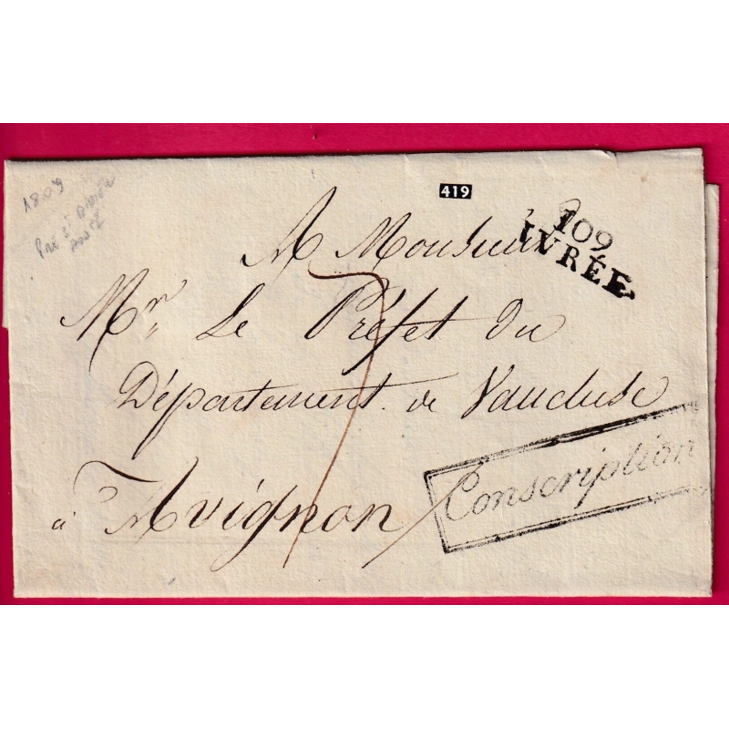 MARQUE CONQUIS 109 IVREE ITALIE ITALIA 1809 FRANCHISE CONSCRIPTION PREFET DE LA DOIRE AVIGNON PRE ST DIDIER AOSTE AOSTA
