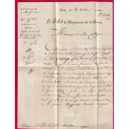 MARQUE CONQUIS 109 IVREE ITALIE ITALIA 1809 FRANCHISE CONSCRIPTION PREFET DE LA DOIRE AVIGNON PRE ST DIDIER AOSTE AOSTA