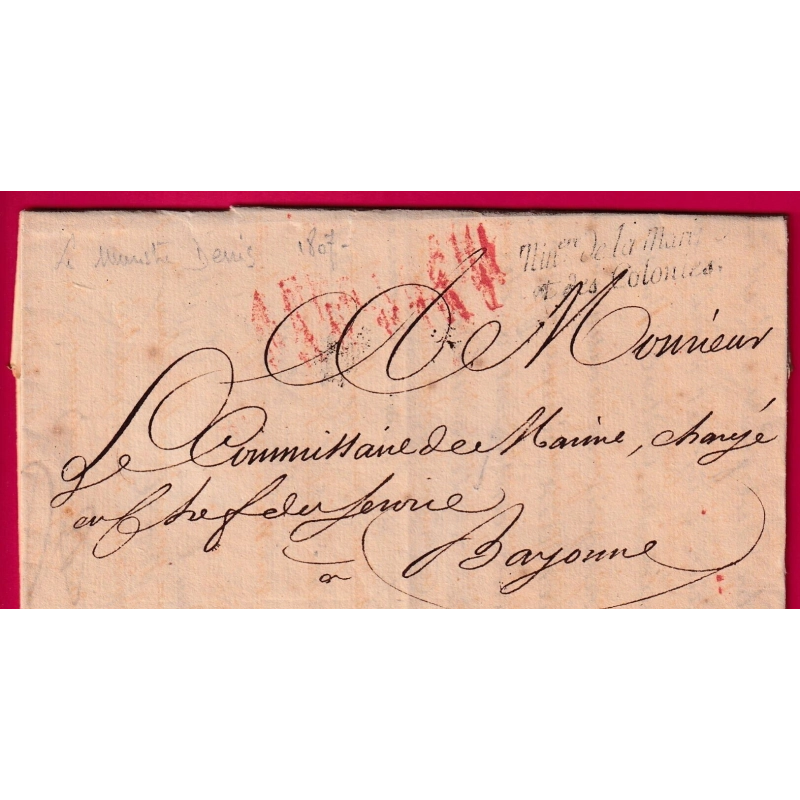 FRANCHISE MINISTRE DE LA MARINE ET DES COLONIES PARIS 1807 SIGNE DENIS LE MINISTRE BAYONNE BASSES PYRENEES LETTRE COVER