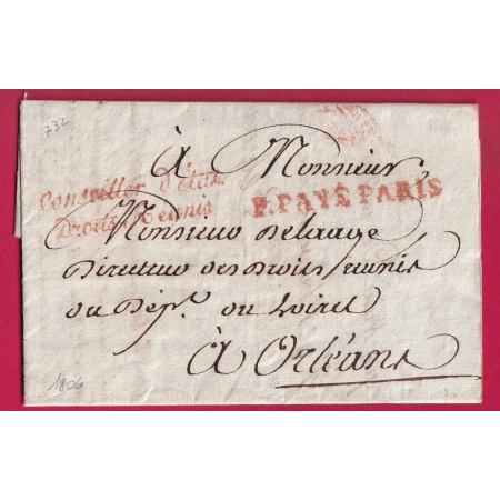FRANCHISE CONSEILLER ETAT DROITS REUNIS PORT PAYE PARIS 1806 POUR ORLEANS LOIRET LETTRE COVER