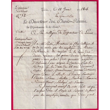 FRANCHISE CONSEILLER ETAT DROITS REUNIS PORT PAYE PARIS 1806 POUR ORLEANS LOIRET LETTRE COVER