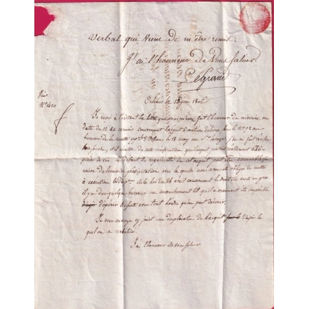 FRANCHISE CONSEILLER ETAT DROITS REUNIS PORT PAYE PARIS 1806 POUR ORLEANS LOIRET LETTRE COVER