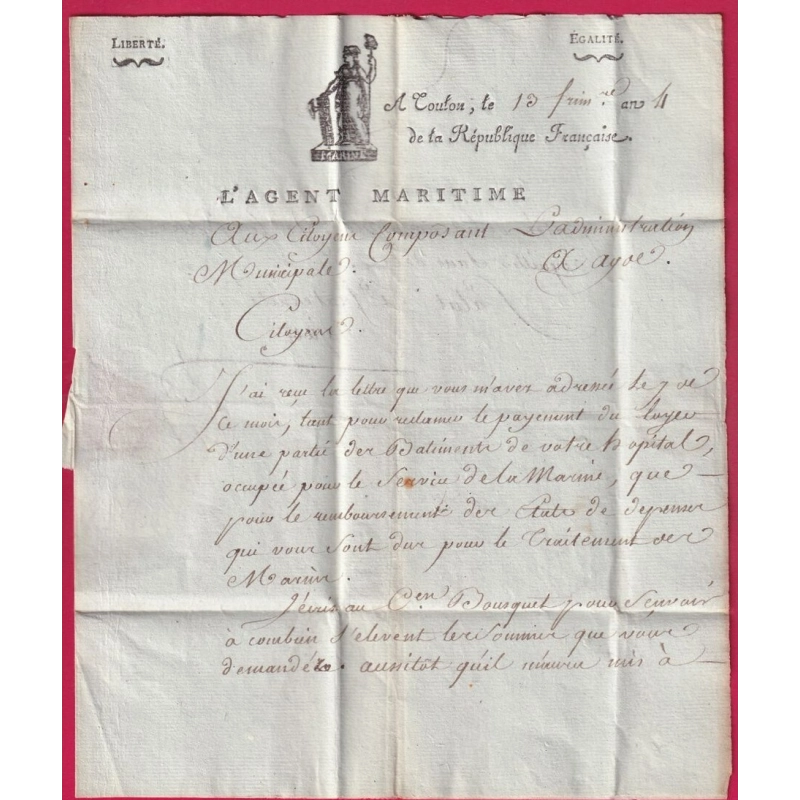 78 TOULON VAR AN 4 1796 L'AGENT MARITIME BELLE VIGNETTE POUR AGDE HERAULT LETTRE COVER