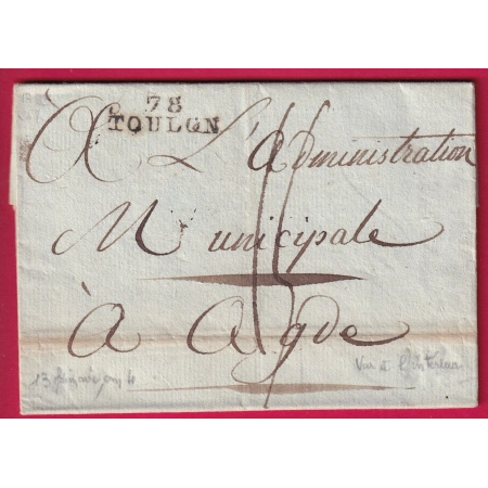 78 TOULON VAR AN 4 1796 L'AGENT MARITIME BELLE VIGNETTE POUR AGDE HERAULT LETTRE COVER
