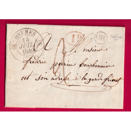 CAD TYPE 12 HYERES VAR 1840 DECIME RURALE OR DE BORMES LES MIMOSAS POUR LA GARDE FREINET LETTRE COVER