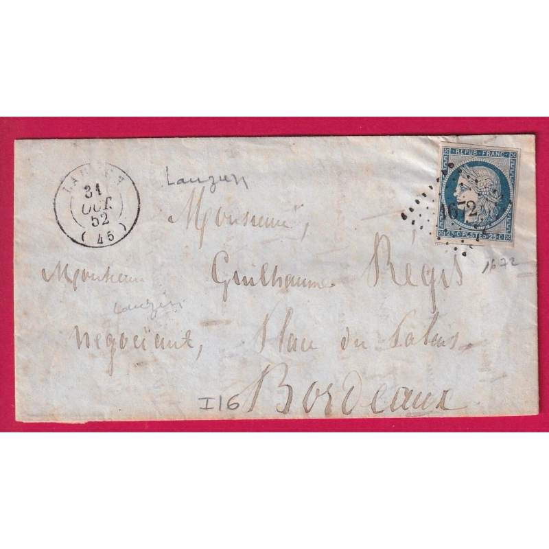 N°4 PC 1672 LAUZUN LOT ET GARONNE POUR BORDEAUX LETTRE COVER