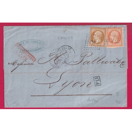 N°13 16 OBLITERATION ANCRE PAQUEBOT POSTE PHASE POUR LYON DEPART CONSTANTINOPLE LETTRE COVER