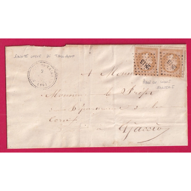 N°13 X2 PERCE EN LIGNE PC 2813 SARTENE + CAD TYPE 22 SAINET LUCIE DI TALLANO CORSE CAD SARTENE AU DOS LETTRE COVER