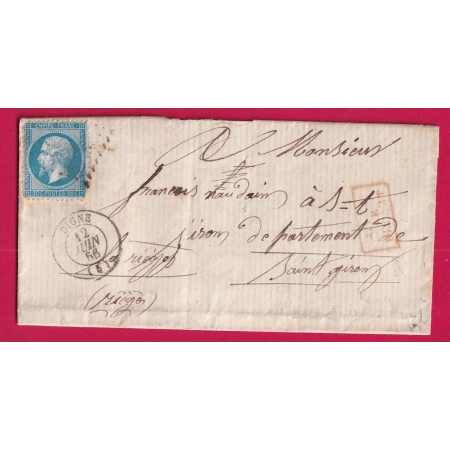 N°22 GC 1304 DIGNE BASSES ALPES APRES LE DEPART EN ROUGE POUR ST GIRONS ARIEGE LETTRE COVER