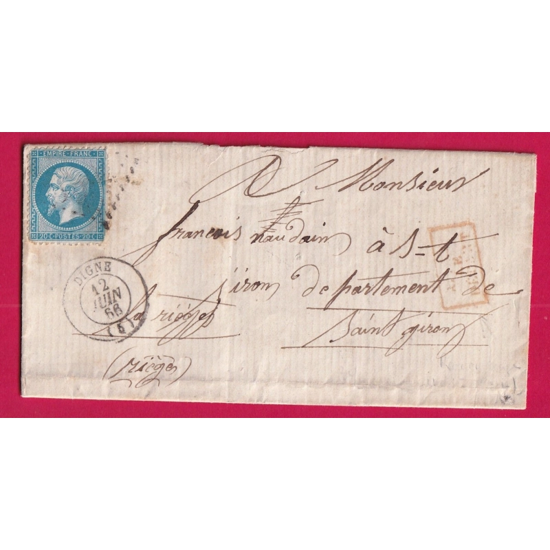 N°22 GC 1304 DIGNE BASSES ALPES APRES LE DEPART EN ROUGE POUR ST GIRONS ARIEGE LETTRE COVER
