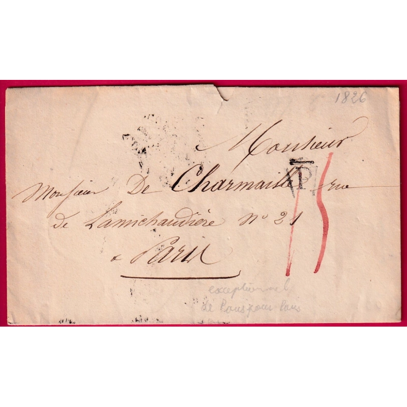 RARE UTILISATION DE LA MARQUE P  DE PARIS DANS PARIS INTRA MUROS 1826 TAXE 15 MANUSCRIT LETTRE COVER