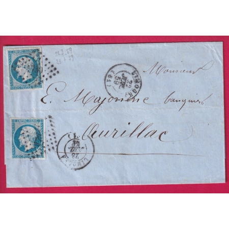 N°14 X2 PC 1730 LIMOGES HAUTE VIENNE APRES LE DEPART 22 + 23 JUIL 1859 POUR AURILLAC LETTRE COVER