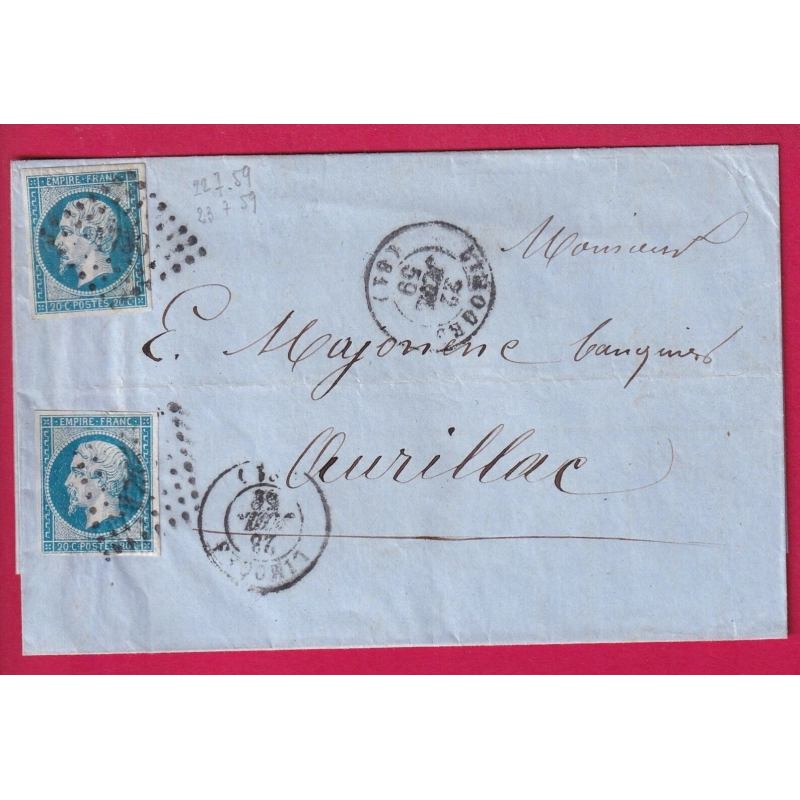 N°14 X2 PC 1730 LIMOGES HAUTE VIENNE APRES LE DEPART 22 + 23 JUIL 1859 POUR AURILLAC LETTRE COVER