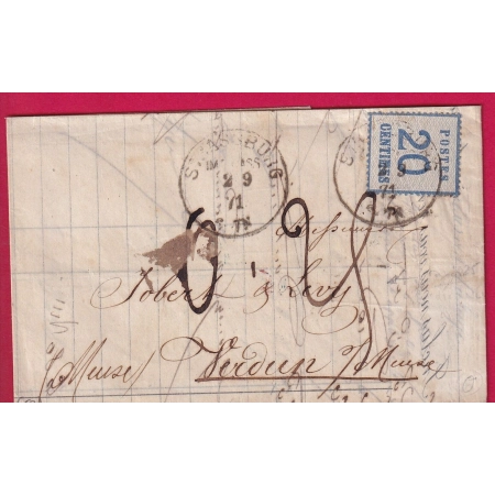 ALSACE LORRAINE N°6 STRASBOURG BAS RHIN 1871 POUR VERDUN MEUSE TAXE MANUSCRITE  0.25 LETTRE COVER