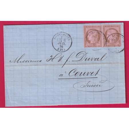 N°54 PAIRE CAD TYPE 16 PONTARLIER DOUBS TARIF FRONTALIER POUR COUVET SUISSE LETTRE COVER