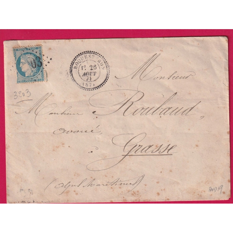 N°37 GC 3203 ROQUESTERON ALPES MARITIMES CAD TYPE 24 POUR GRASSE INDICE 19 LETTRE COVER