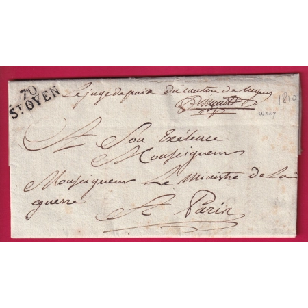MARQUE 70 ST OYEN SAONE ET LOIRE FRANCHISE LE JUGE DE PAIX DE LUGNY POUR PARIS 1810 LETTRE COVER