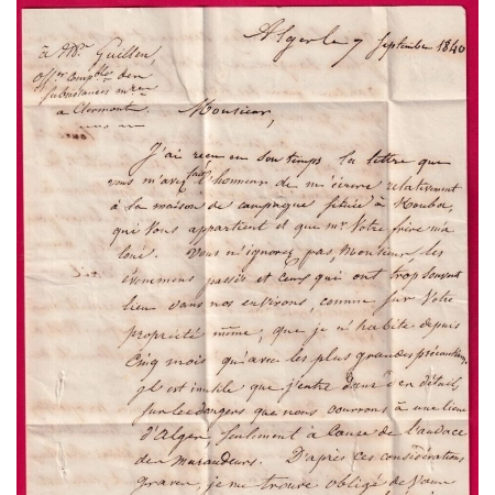 MARQUE PURIFIEE A TOULON VAR DEPART ALGER ALGERIE 1840 POUR TREMOULIN LOIRE PUIS CLERMONT PUY DE DOME LETTRE COVER