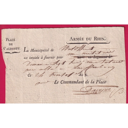 BILLET ARMEE DU RHIN PLACE DE WALDSHUT ALLEMAGNE LE COMMANDANT DE LA PLACE AN9 1801 LETTRE COVER