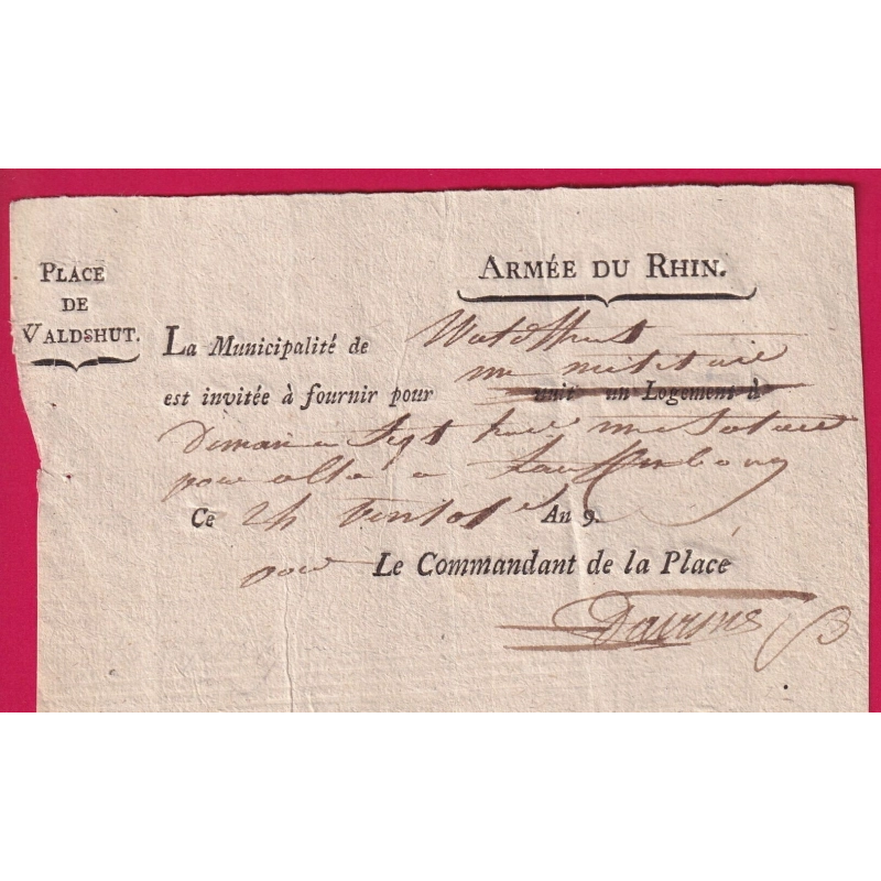 BILLET ARMEE DU RHIN PLACE DE WALDSHUT ALLEMAGNE LE COMMANDANT DE LA PLACE AN9 1801 LETTRE COVER