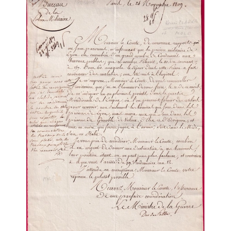 LETTRE AUTOGRAPHE LE DUC DE FELTRE HENRI CLARKE MARECHAL DE FRANCE MINISTRE AU SUJET PRISONS DE LYON LETTRE COVER