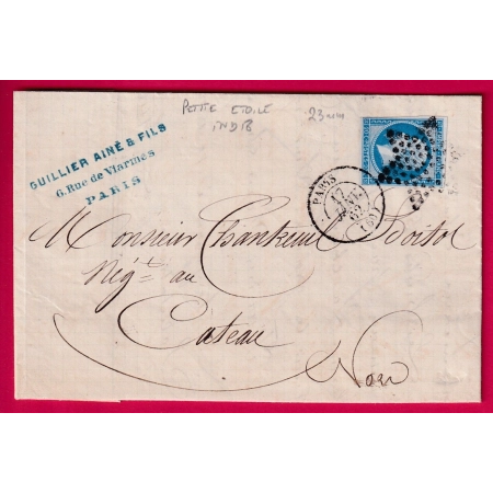 N°14 PARIS PETITE ETOILE 23MM POUR CATEAU NORD 1862 INDICE 18 LETTRE COVER