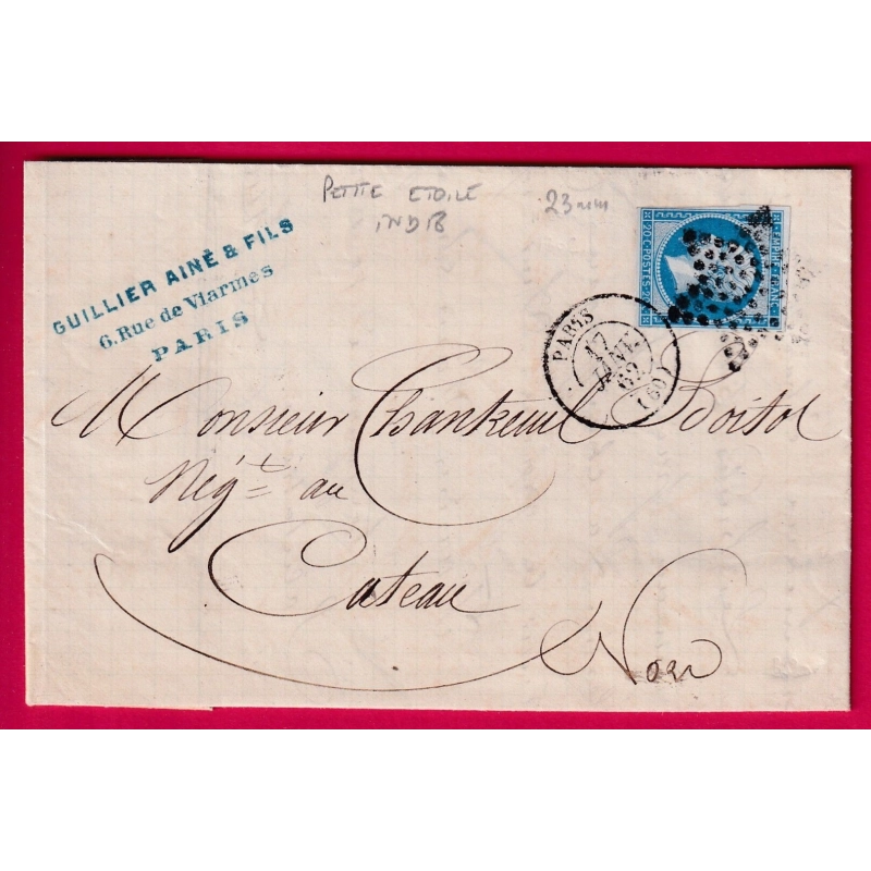 N°14 PARIS PETITE ETOILE 23MM POUR CATEAU NORD 1862 INDICE 18 LETTRE COVER