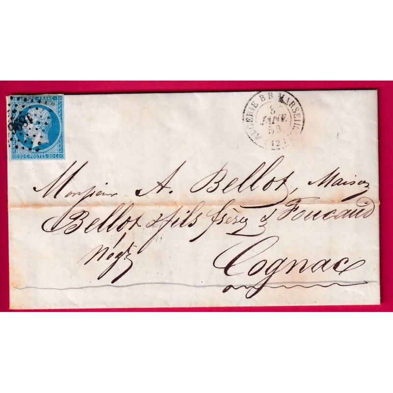 N°14 BLEU SUR LILAS PC 1896 CAD ALGERIE BB MARSEILLE BOUCHES DU RHONE 1859 POUR COGNAC CHARENTE LETTRE COVER