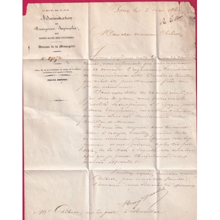 N°14B BORD DE FEUILLE ANNULATION SPECIAL A L'ARRIVE AURILLAC CANTAL DEPART PARIS BUREAU J MESSAGERIE IMPERIALES LETTRE