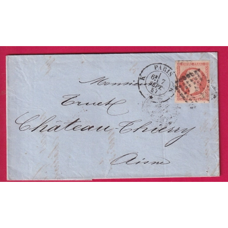 N°16 TTB PARIS BUREAU K LOSANGE RETAILLE POUR CHATEAU CHINON AISNE 1857 LETTRE COVER