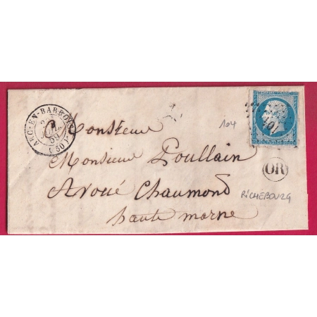 N°14 PC 104 ARC EN BARROIS HAUTE MARNE OR RICHEBOURG POUR CHAUMONT LETTRE COVER