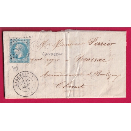 N°29 PC DU GC 309 BARBEZIEUX CHARENTE BOITE RURALE O CONDEON POUR BROSSAC LETTRE COVER