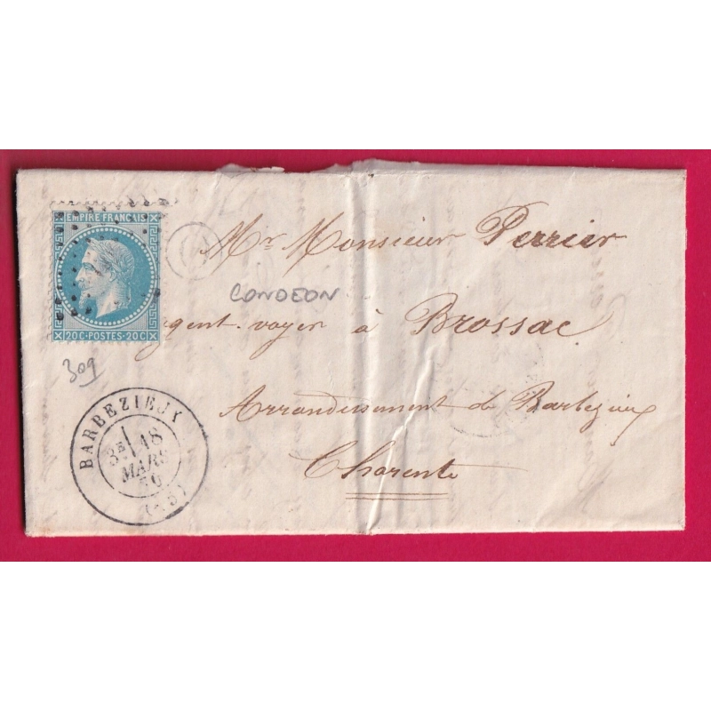 N°29 PC DU GC 309 BARBEZIEUX CHARENTE BOITE RURALE O CONDEON POUR BROSSAC LETTRE COVER
