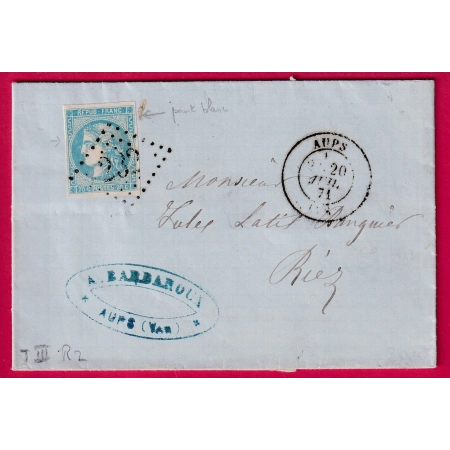 N°46B BLEU CLAIR GC 232 AUPS VAR POUR RIEZ BASSES ALPES LETTRE COVER