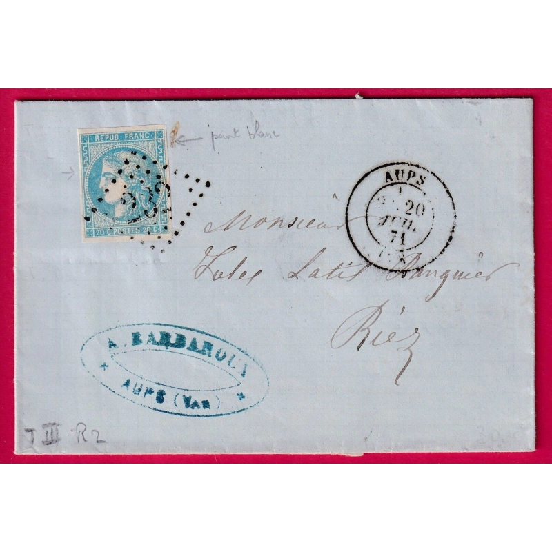 N°46B BLEU CLAIR GC 232 AUPS VAR POUR RIEZ BASSES ALPES LETTRE COVER