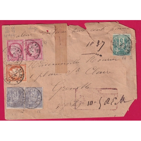 N°38 57 PAIRE 64 66 PAIRE PARIS PL DE LA BOURSE LETTRE CHARGE POUR GRENOBLE MIXTE SAGE CERES LETTRE COVER