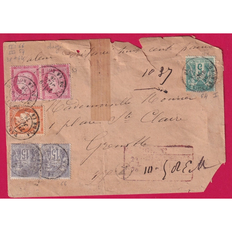 N°38 57 PAIRE 64 66 PAIRE PARIS PL DE LA BOURSE LETTRE CHARGE POUR GRENOBLE MIXTE SAGE CERES LETTRE COVER