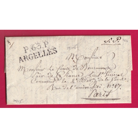 MARQUE P63P ARGELLES HAUTES PYRENEES 1826 POUR PARIS INDICE 15 LETTRE COVER