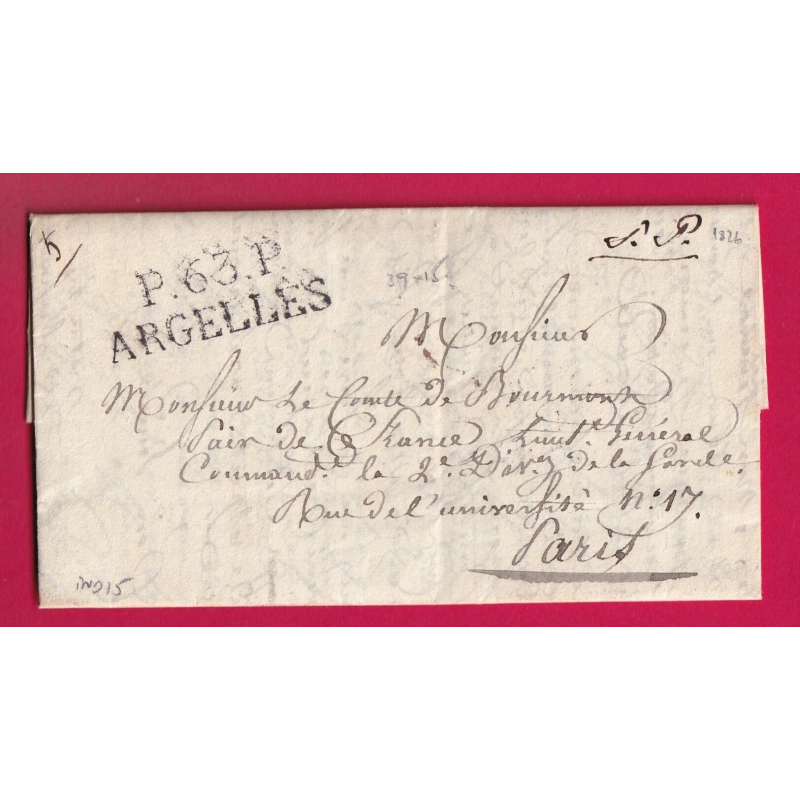 MARQUE P63P ARGELLES HAUTES PYRENEES 1826 POUR PARIS INDICE 15 LETTRE COVER