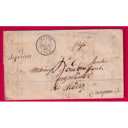 CURSIVE 11 ASPRIERES AVEYRON CAD TYPE 15 AUBIN 1848 POUR RODEZ LETTRE COVER