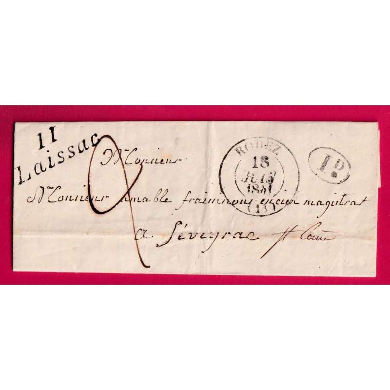 CURSIVE 11 LAISSAC AVEYRON CAD TYPE 13 RODEZ AVEYRON POUR SEVERAC 1841 LETTRE COVER