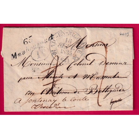 CURSIVE 63 MAUBOURGUET HAUTES PYRENEES T12 VIC EN BIGORE DECIME RURAL 1835 REEXPEDIEE GARD VENDEE INDICE 19 LETTRE COVER