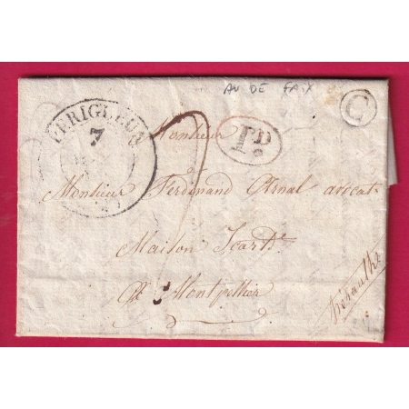 CAD TYPE 13 PERIGUEUX DORDOGNE BOITE RURALE C FAIX ?? DECIME RURAL POUR MONTPELLIER 1837 LETTRE COVER