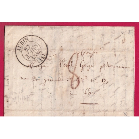 RARE TAXE TAMPON 8 EN ROUGE CAD TYPE 13 AUBIN AVEYRON 1842 POUR PARIS LETTRE COVER