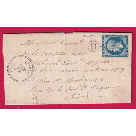 N°14 PC 143 ARTIX BASSES PYRENEES BOITE RURALE D MONT CAD TYPE 22 POUR PARIS 1861 LETTRE COVER