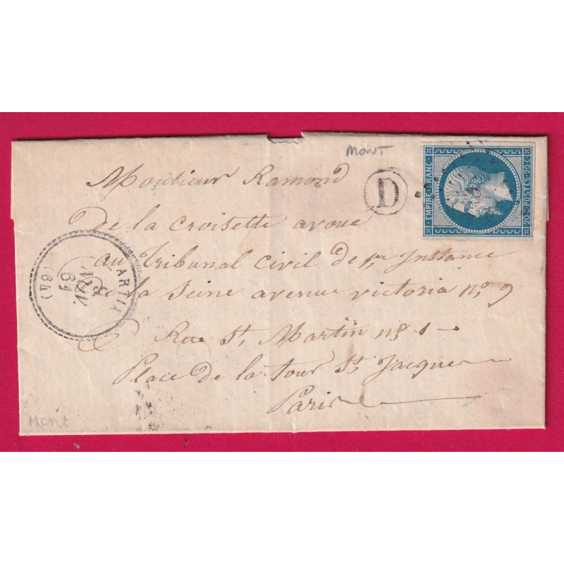 N°14 PC 143 ARTIX BASSES PYRENEES BOITE RURALE D MONT CAD TYPE 22 POUR PARIS 1861 LETTRE COVER