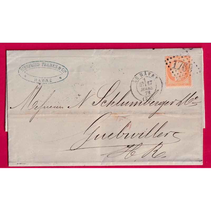 N°38 GC 1769 LE HAVRE SEINE INFERIEURE POUR GUEBWILLER HAUT RHIN ALSACE LORRAINE ALLEMAGNE LETTRE COVER